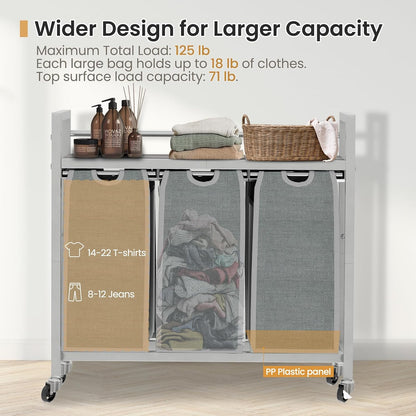 SwaaVee Laundry Sorter, Laundry Hamper 3 Section, 3×11.4Gal, Metal Frame Rolling Laundry Basket with Wooden Top Shelf, Pull out and Removable Laundry Bags, 3 Bags-Gray