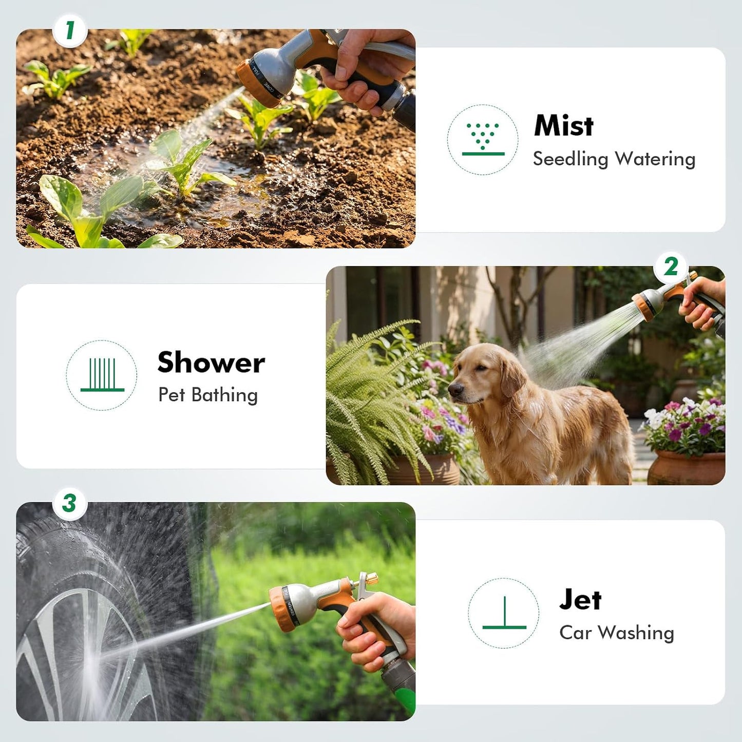 RESTMO Garden Hose Nozzle Heavy Duty, Leak-proof Water Hose Sprayer | 7 Adjustable Spray Patterns, Durable Metal, Flow Control, Ideal for Plants & Lawns Watering, Cars & Pets Washing, Green