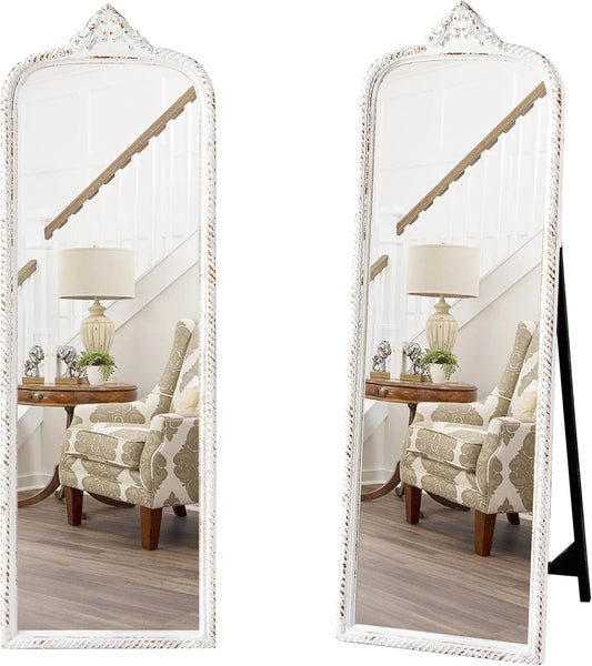 Vintage Arch Large Standing Mirror Full Length 60 Inch, Distressed Rustic White Wood Frame Arendahl Tall Mirrors, Floor Length Mirror with Stand for Living Room Bedroom Entryway