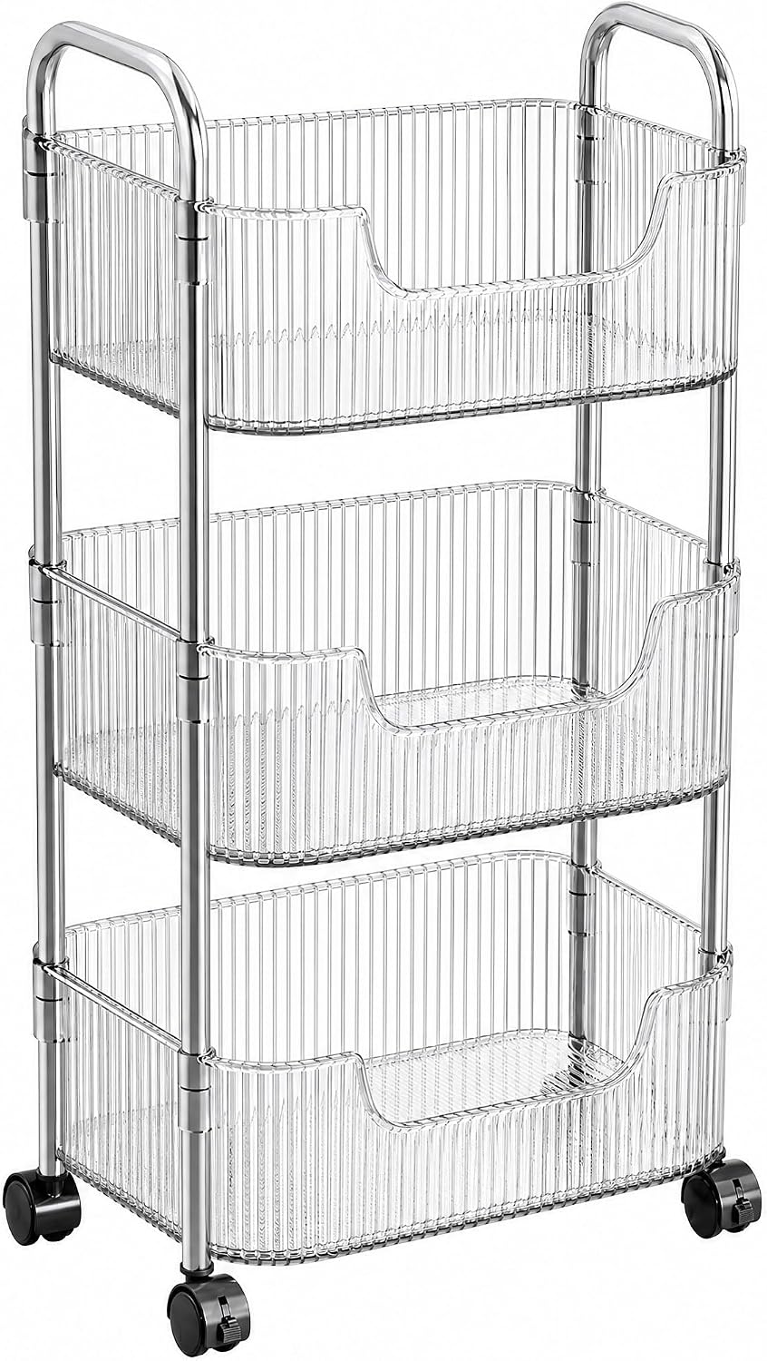 3 Tier Rolling Cart with Lockable Wheels, Clear Acrylic Slim Utility Cart, 13" x 8.3" x 26" Narrow Storage Organizer for Bathroom, Kitchen, Office - Lightweight & Tool-Free Assembly (Clear)