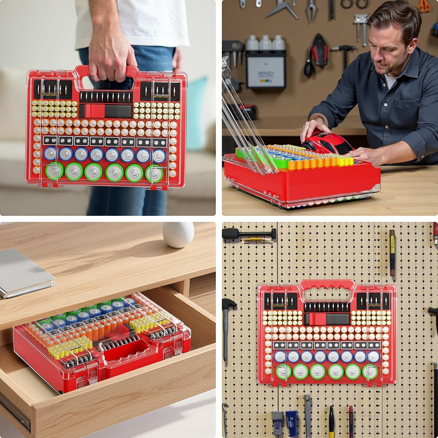 Molutsody Battery Organizer Box with Tester, Storage Case Holds 260 Batteries, Double Clear Locking Lid for AA AAA C D 9V - Red (Batteries Not Included)