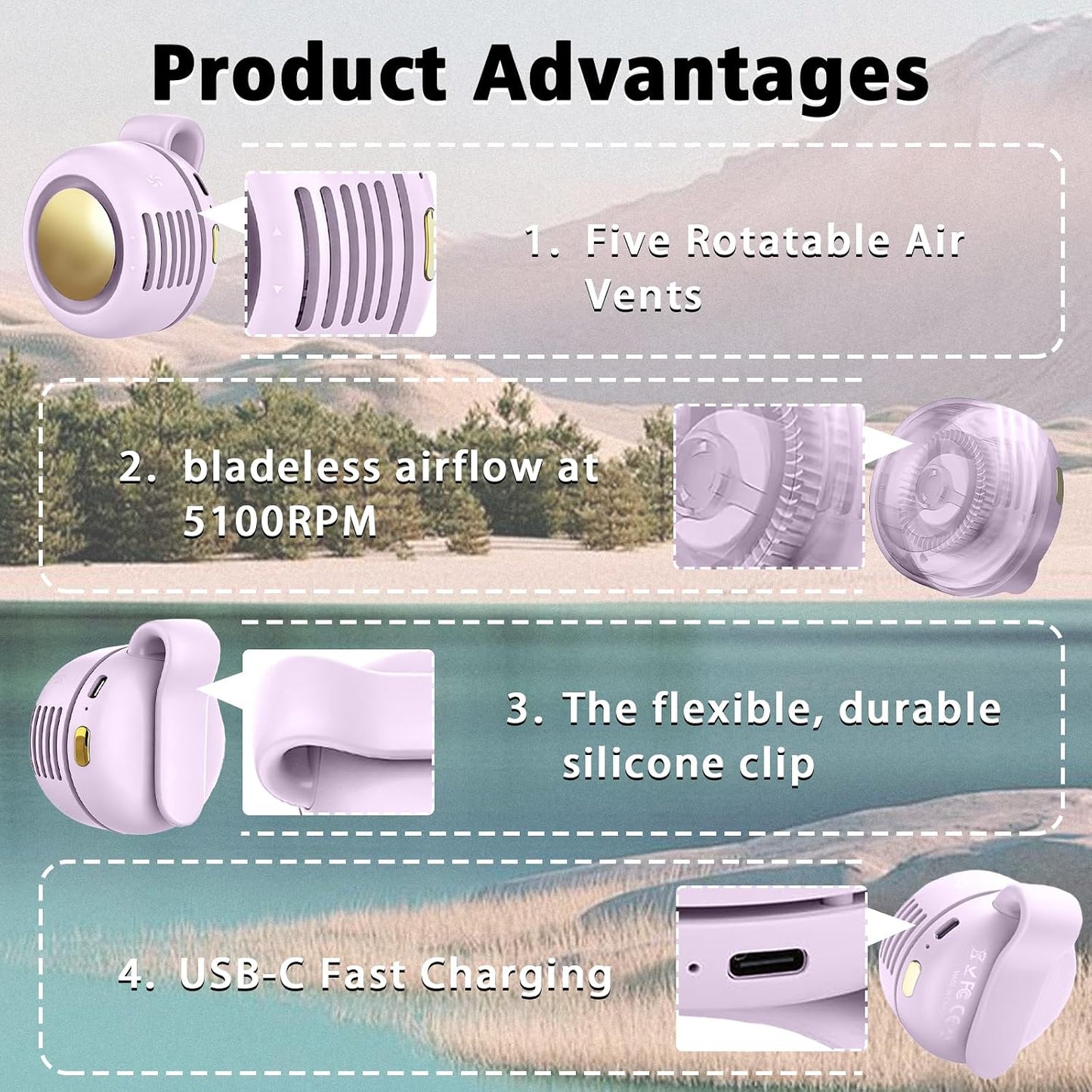 Portable Clip-On Fan, Mini USB Rechargeable 360° Rotatable Fan, Personal Fan 3-Speed Silent Mini Bladeless Fans