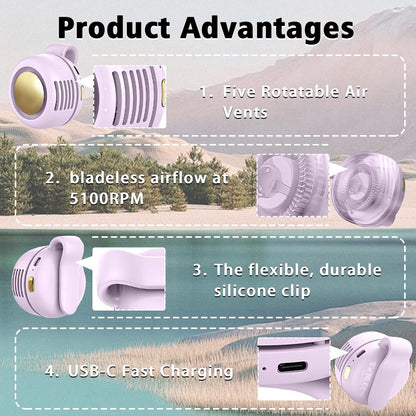 Portable Clip-On Fan, Mini USB Rechargeable 360° Rotatable Fan, Personal Fan 3-Speed Silent Mini Bladeless Fans