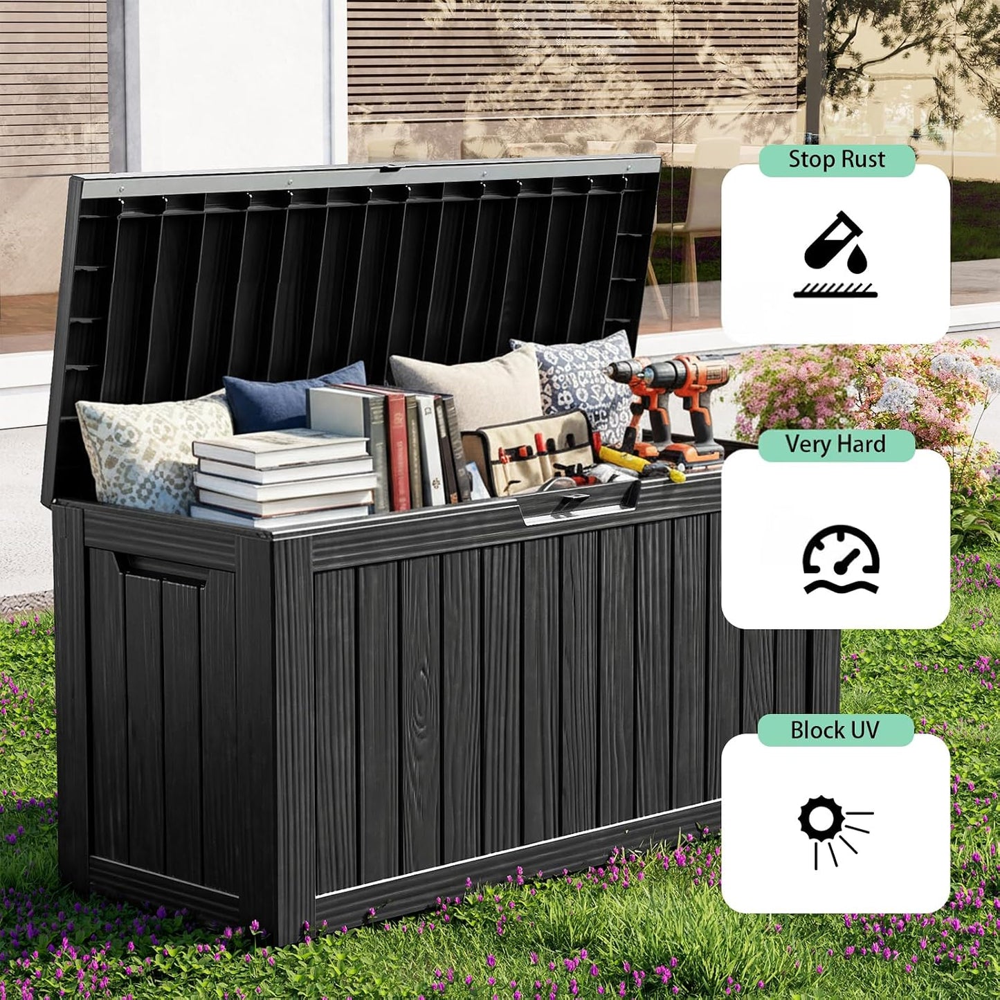 125Gal Outdoor Storage Box, Lockable Deck Box with Hydraulic Lid | Waterproof UV-resistant, Durable outdoor bin for patio cushions, pool accessories & garden tools. Keeps contents secure & dry