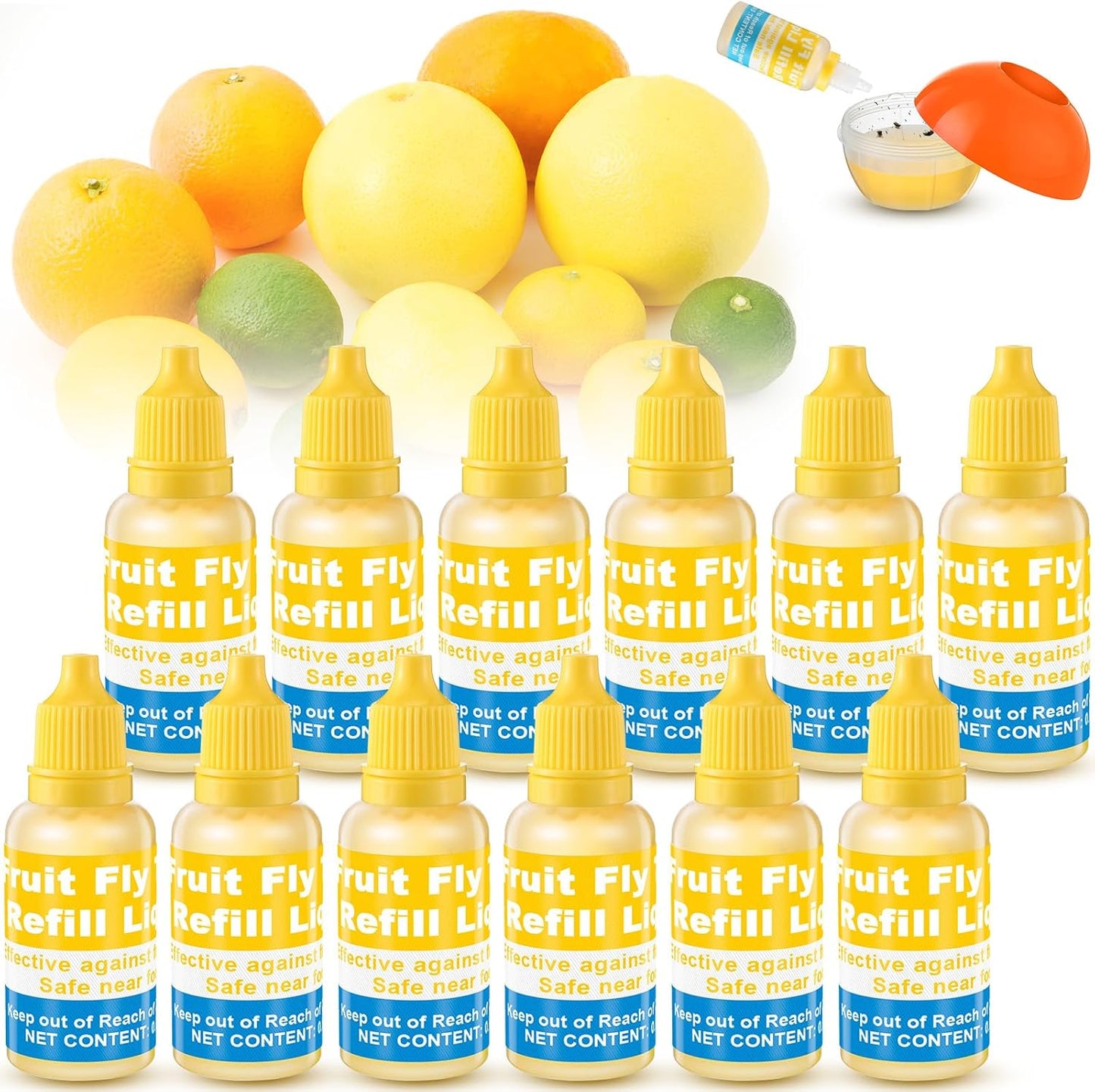 Qualirey Fruit Fly Trap for Indoor and Kitchen Use, 0.68 oz Each Bottle Fruit Fly Trap Refill Liquid, Ready to Use, Safe Near Food, Efficient Lure Refill Liquid, Yellow(12 Pack)