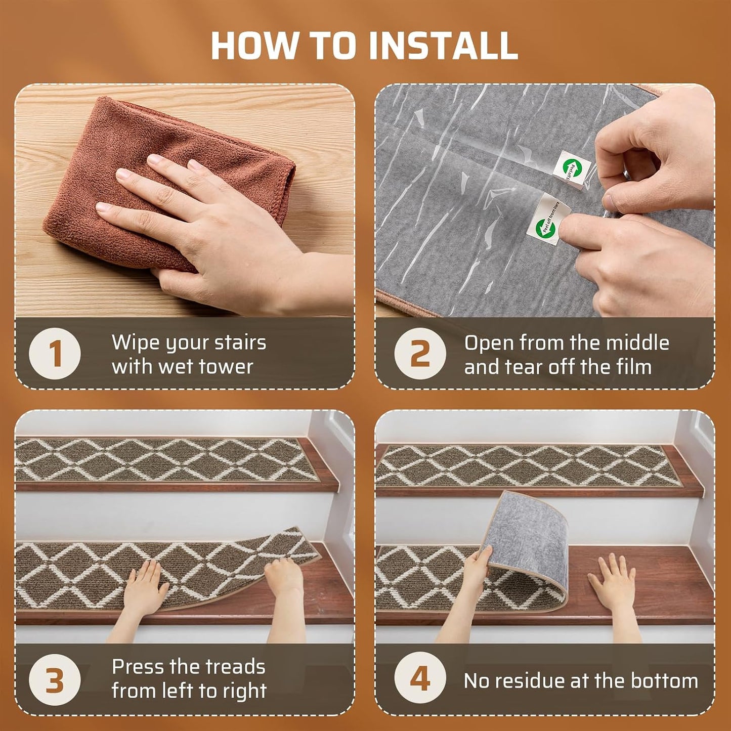 Stair Treads Non Slip for Wooden Steps Indoor, 7 Pack 8" X 30" Carpet Runners for Wood Stairs with Self-Adhesive Backing, Stickiness Stair Rugs for Kids Elders and Dogs, Square Brown