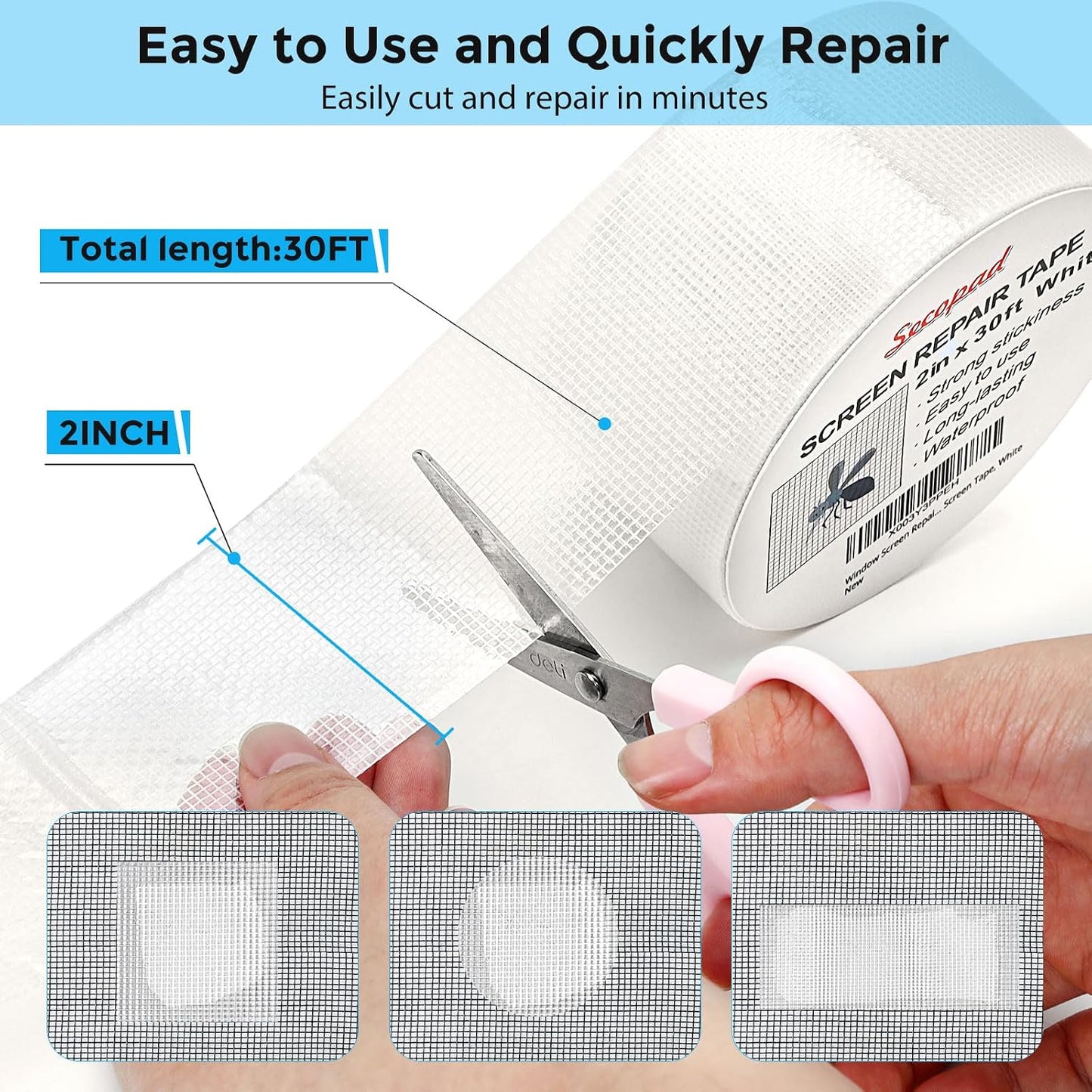 Secopad Black Window Screen Repair Tape, 4 in X 20 FT (240IN) Kit for Windows or Doors, Strong Adhesive Patch Fiberglass Mesh Repair