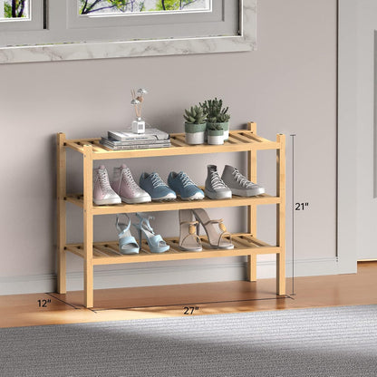 ROMGUAR CRAFT 3 Tier Bamboo Shoe Rack for Closet Free Standing Wood Shoe Shelf Storage Organizer for Entryway Small Space Stackable 27"x11"x20" (Natural)