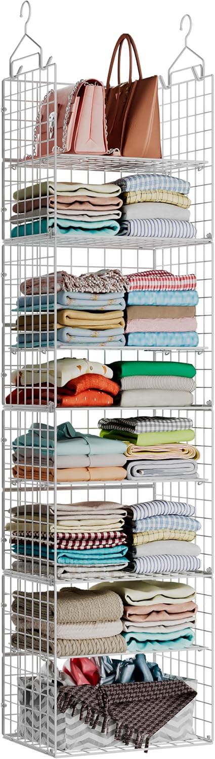 X-cosrack Closet Hanging Organizer Shelves - 5 Tier Wardrobe Organizers and Storage Bin, Hanging Organizer Shelves, Clothes Shelf with Adjustable Dividers for Bedroom Closet Sweater Shoes Handbag