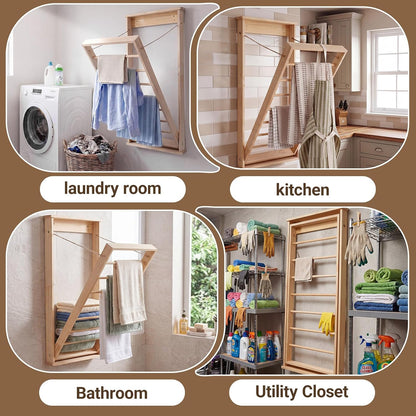Novabright 1 Pcs Wall Mounted Drying Rack with Wooden Rod, Foldable Space-Saving Hanging Clothes Drying Rack for Laundry Room Storage Bathroom (40 x 19 x 3 Inch,Wood)