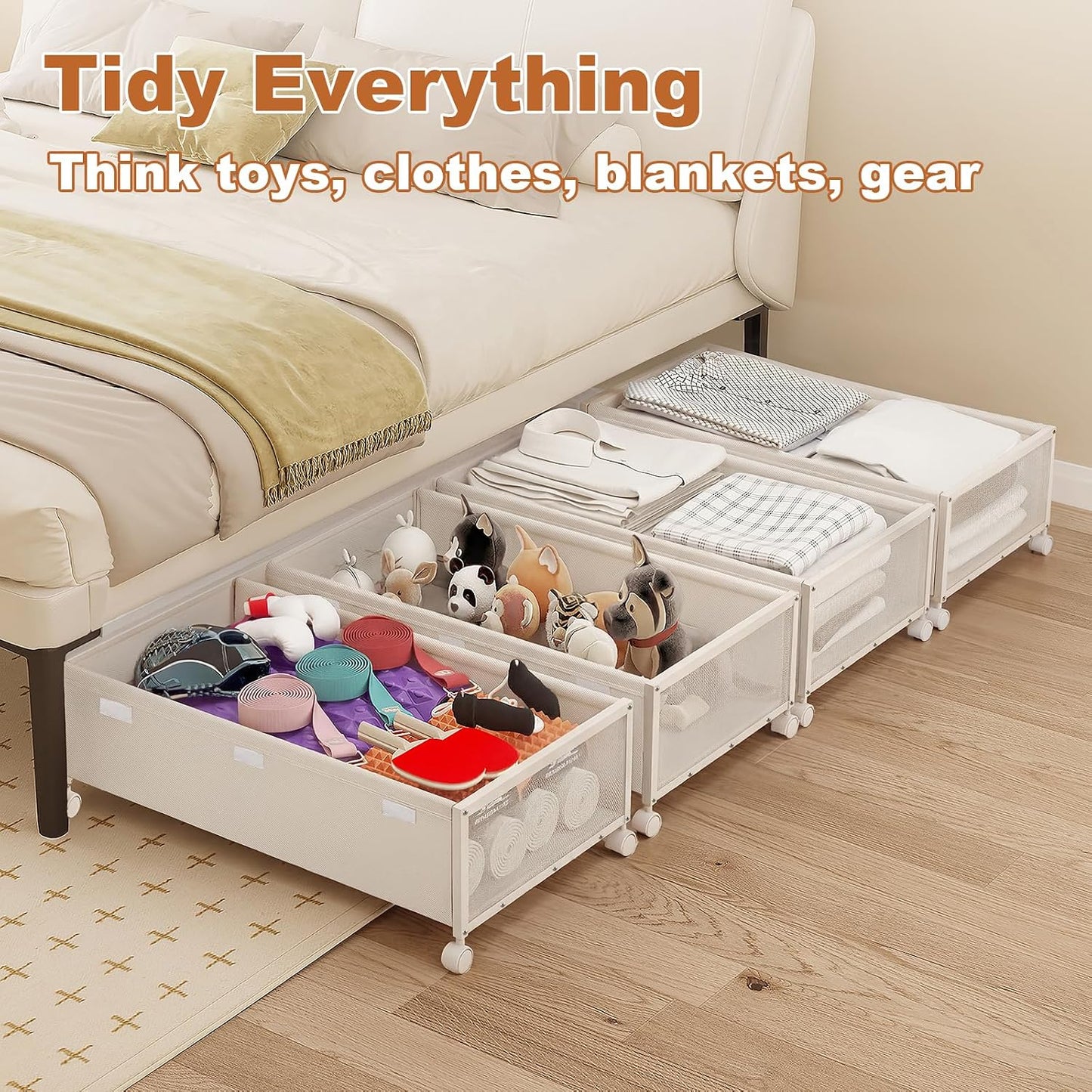2 Pack Under the Bed Storage Containers,10 inch Height Under Bed Shoe Storage,31inch Long Underbed Storage with Wheels,Large Rolling under bed Clothes Storage Drawers with Lid for Dorm Tall ,Black