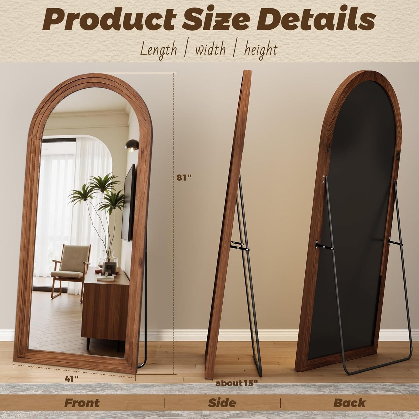 Antok Full Length Mirror with Solid Wood Frame, 71"×32" Wall Mounted Oversized Floor Mirror with Stand, Leaning Standing Hanging for Bedroom Living Room Entryway, Walnut, Arched Syle