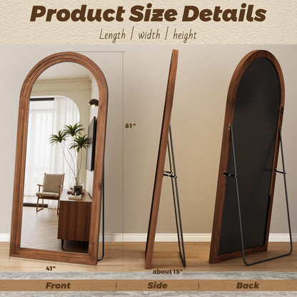 Antok Full Length Mirror with Solid Wood Frame, 71"×32" Wall Mounted Oversized Floor Mirror with Stand, Leaning Standing Hanging for Bedroom Living Room Entryway, Walnut, Arched Syle