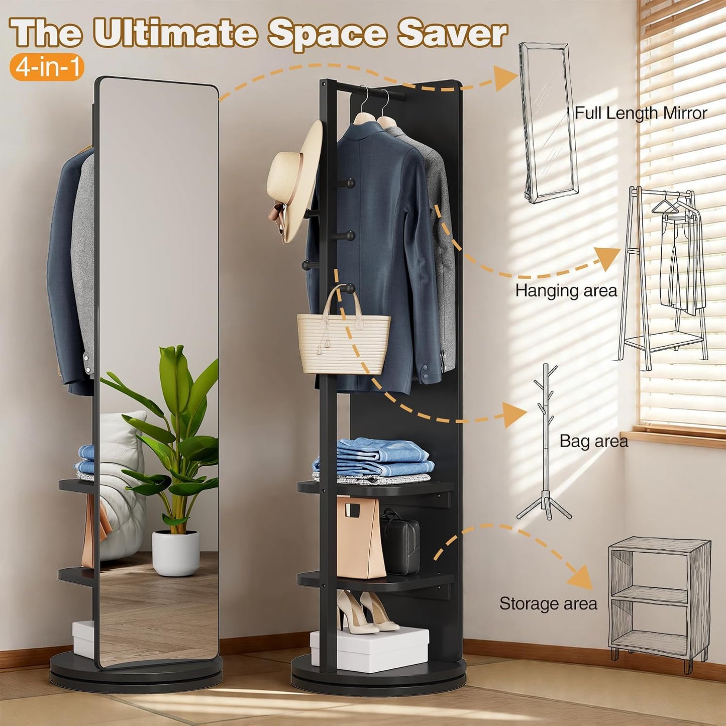 Full Length Mirror with Coat Rack & Storage, 360° Rotating Solid Wood Standing Floor Mirror with Shelves for Bedroom, Entryway, Dressing Room (Natural Wood, 66" x 18")