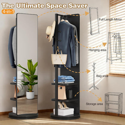 Full Length Mirror with Coat Rack & Storage, 360° Rotating Solid Wood Standing Floor Mirror with Shelves for Bedroom, Entryway, Dressing Room (Natural Wood, 66" x 18")