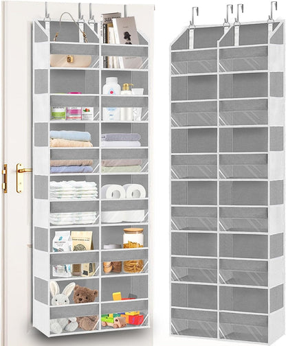Over The Door Organizer, 5-Tier Extra Large Behind Door Storage with 10 Big Front & 10 Mesh Pockets, 80lb Capacity, Hanging Storage Organizer with Clear Window Kids Toys, Shoes, Diapers, Light Grey