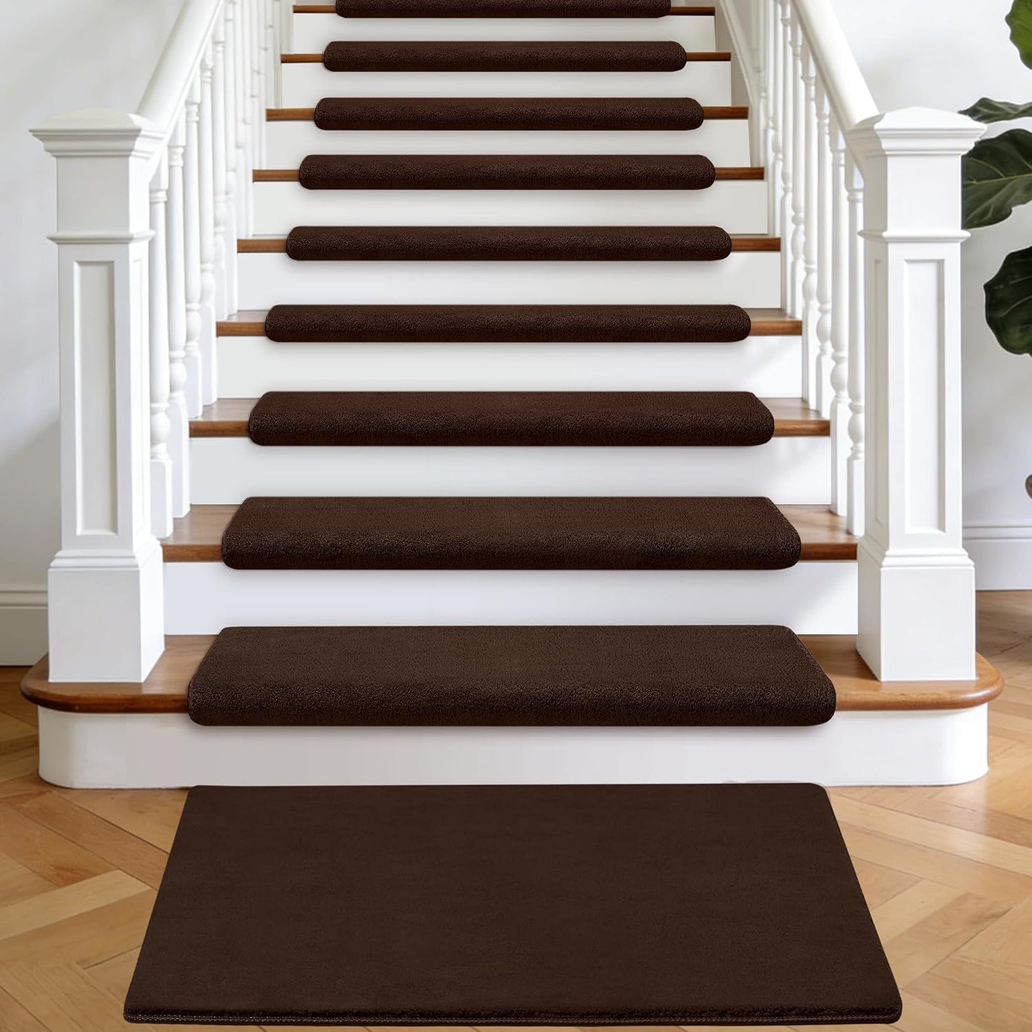 Bullnose Stair Treads Non Slip 9.5" x 32", 14 Pcs Ultra Plush Carpet Stair Treads for Wooden Steps Indoor with Edge Protection, Reusable Peel and Stick TPU Backing Stair Runner Rugs - Beige Gray