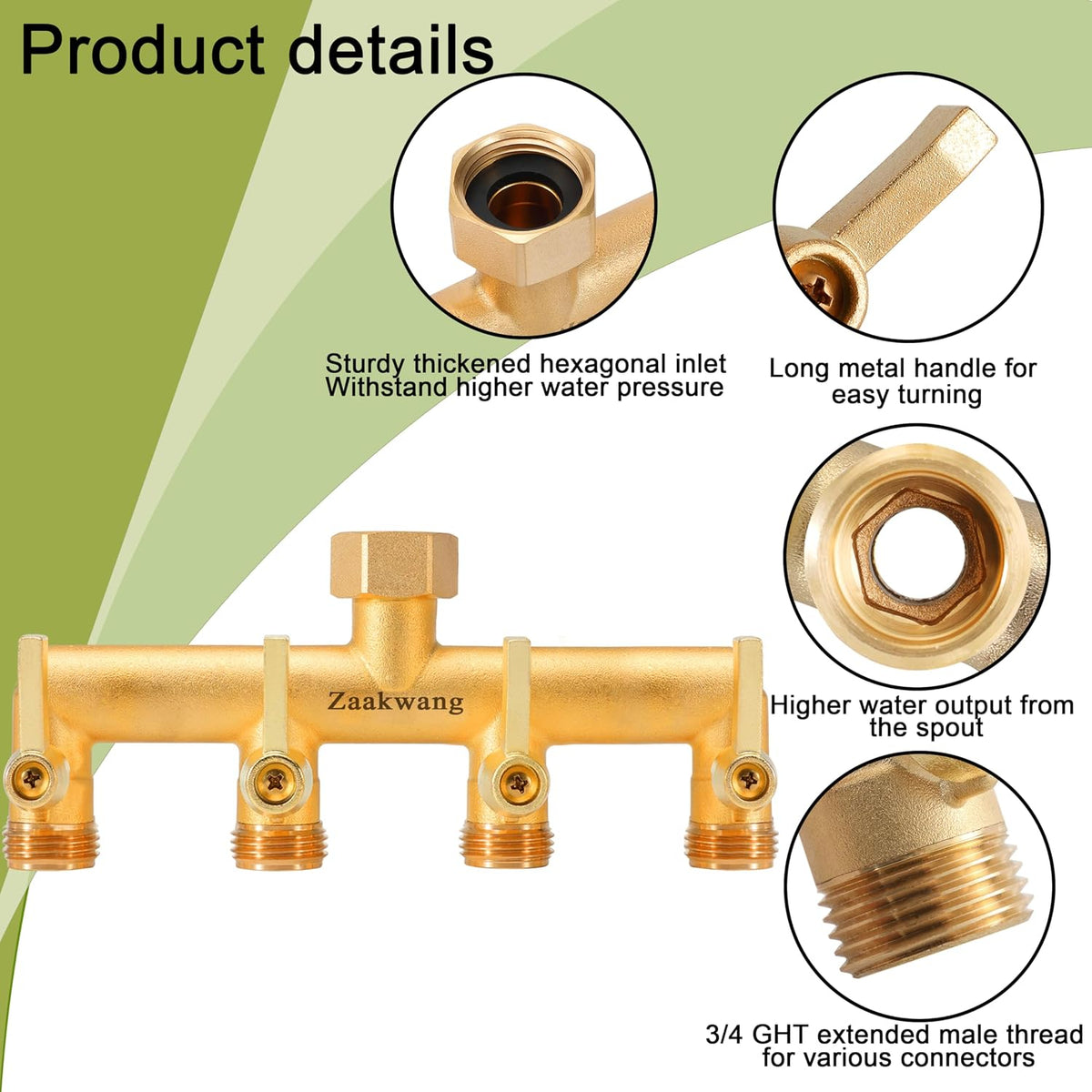 Heavy Duty Brass 2-Way Garden Hose Splitter, 3/4" GHT Threads, Metal Shutoff Valve, Long Handle