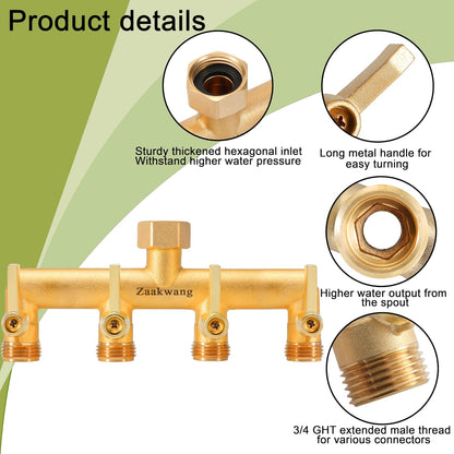 Heavy Duty Brass 2-Way Garden Hose Splitter, 3/4" GHT Threads, Metal Shutoff Valve, Long Handle