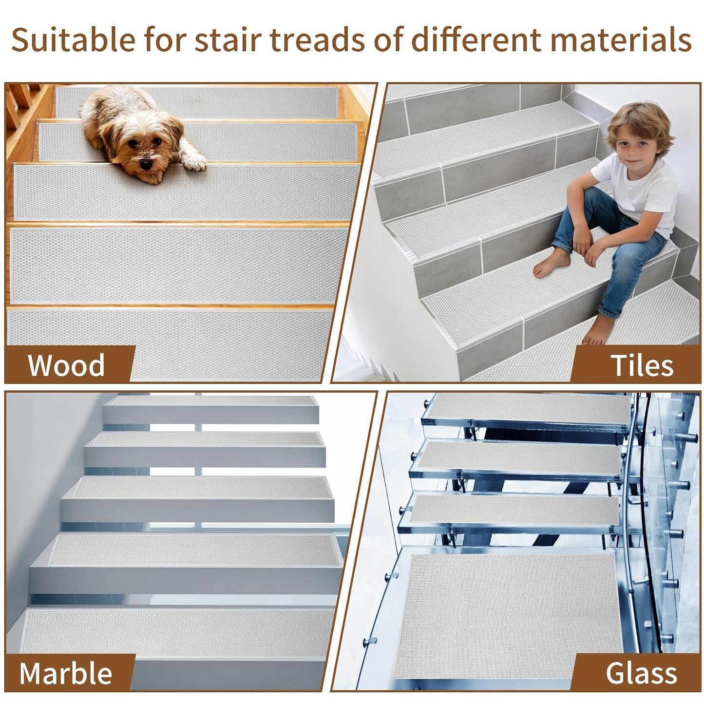 Carpet Stairs Runner for Wood Stairs, 30"x 30",Reusable Washable Self-Stick Stair Treads, for Indoor Steps, Non Slip for Kids Elders and Pets Stair Mats Residue Free, Beige 1-Pack