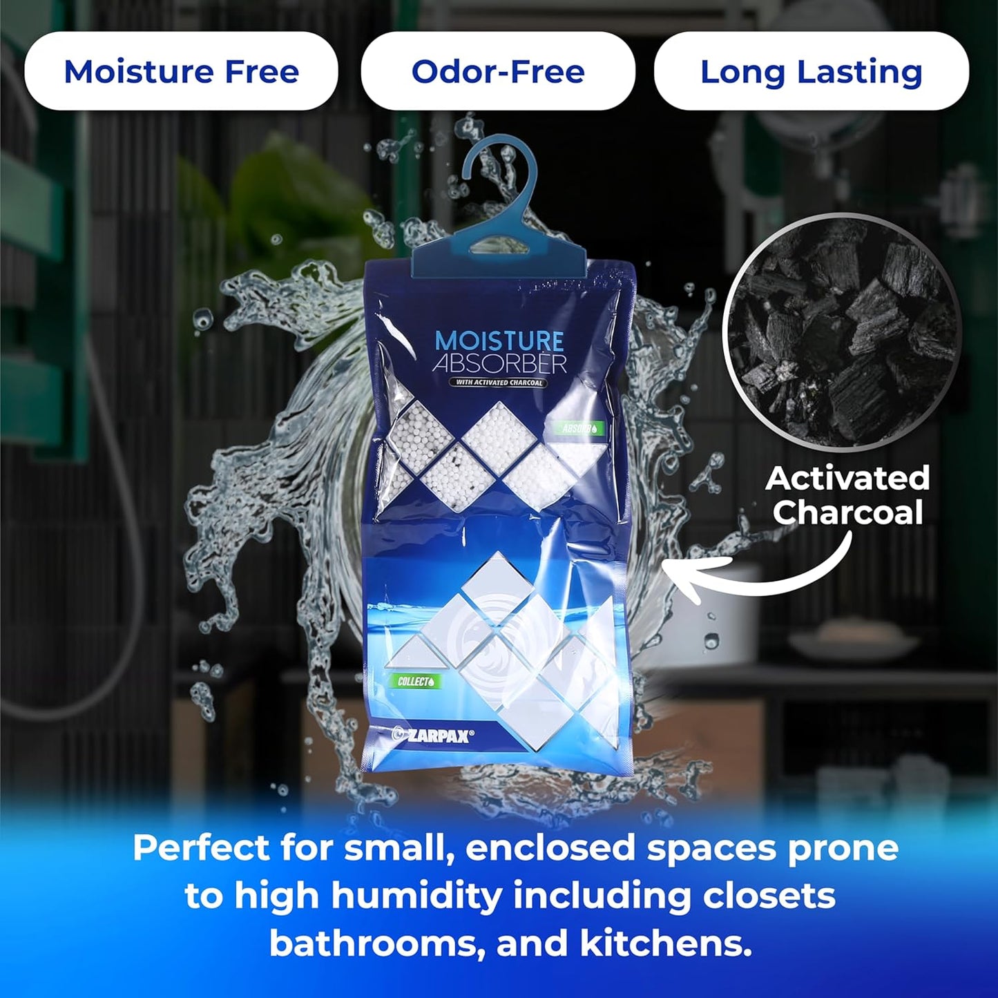 ZARPAX Hanging Moisture Absorber Fresh Cotton 10.6 oz/300g | Moisture Absorbing Bags for Bathroom, Closet, Kitchen & Vehicles | Removes Moisture, Humidity & Odors | Portable Dehumidifier | Set Of 10