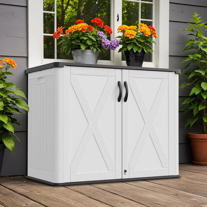 Greesum Outdoor Storage Cabinet, 26 CUFT Deck Box Without Shelves, Waterproof Plastic Storage Shed for Patio Cushions, Gardening Tools, Lockable and Sidehandles, UV Resistant, Beige