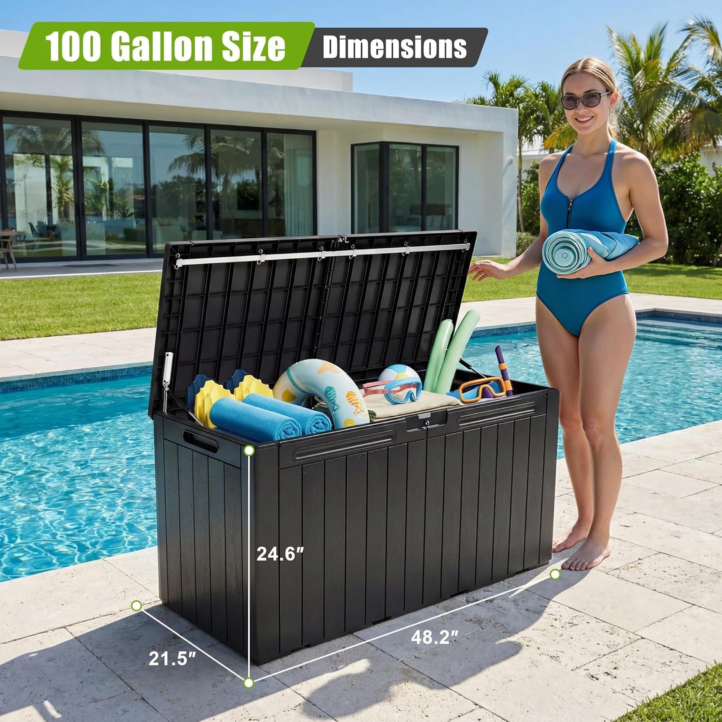 Flamaker Resin Deck Box 120 Gallon Waterproof Large Outdoor Indoor Storage Box Imitation Wood Resin for Patio Furniture Garden Tools and Pool (Black)