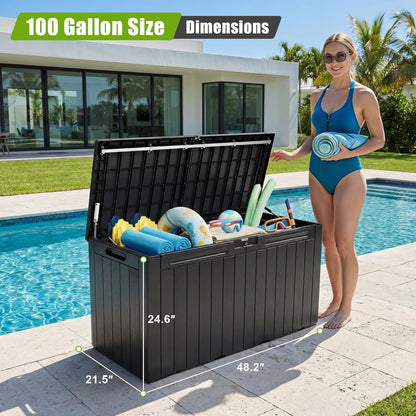 Flamaker Resin Deck Box 120 Gallon Waterproof Large Outdoor Indoor Storage Box Imitation Wood Resin for Patio Furniture Garden Tools and Pool (Black)