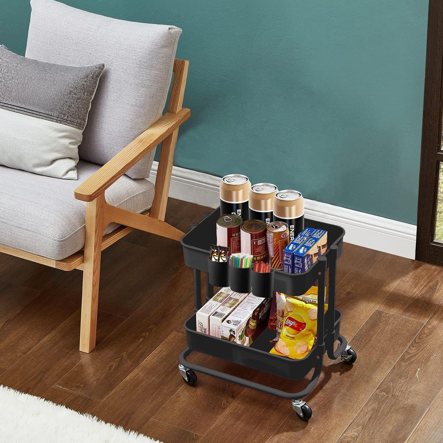 2-Tier Utility Rolling Cart Storage Sofa Side Table with Wheels, Mobile Trolley Organizer with for Office Home Kitchen Organization, Cream White