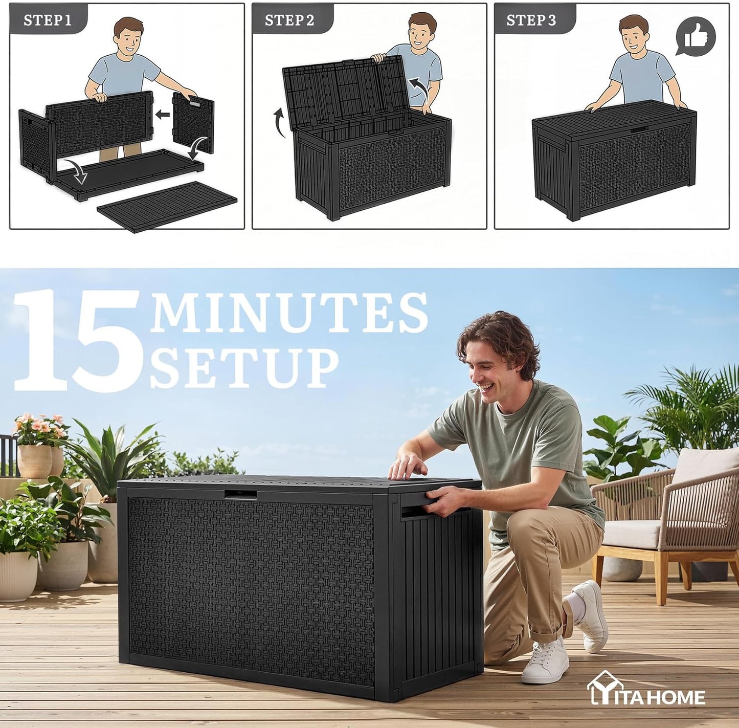 YITAHOME 100 Gallon Large Outdoor Deck Box | Waterproof Resin Storage Box, Lockable Indoor Outdoor Storage Container for Patio Furniture Cushions, Pool Accessories
