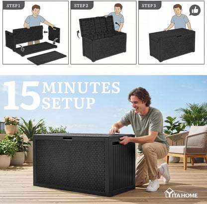 YITAHOME 100 Gallon Large Outdoor Deck Box | Waterproof Resin Storage Box, Lockable Indoor Outdoor Storage Container for Patio Furniture Cushions, Pool Accessories