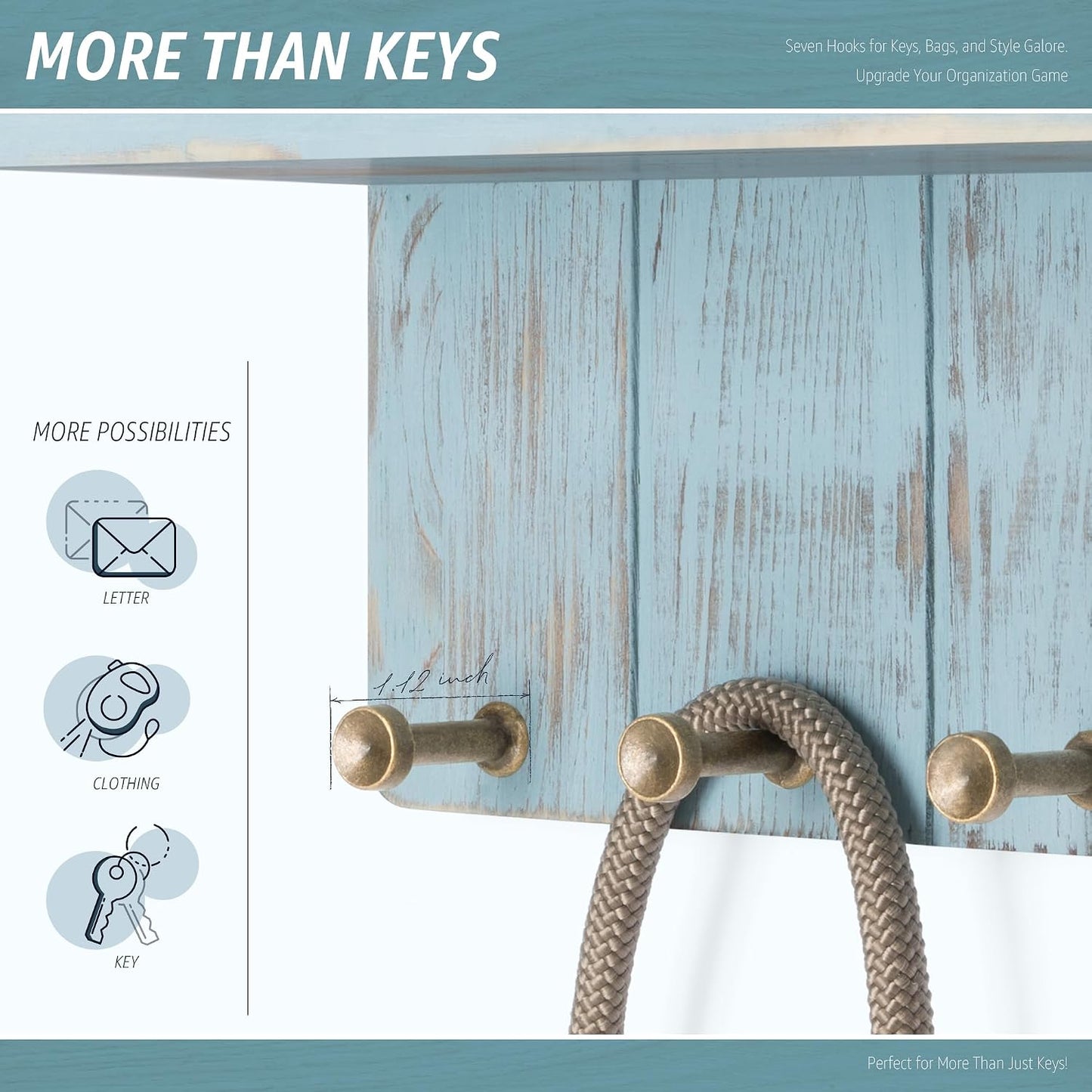 Rebee Vision Small Key Holder Wall Mount for Farmhouse Decor - Key and Mail Holder for Wall with Shelf and 4 Key Hooks - Room Decor Aesthetic (Distressed Blue)