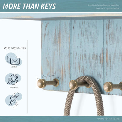 Rebee Vision Small Key Holder Wall Mount for Farmhouse Decor - Key and Mail Holder for Wall with Shelf and 4 Key Hooks - Room Decor Aesthetic (Distressed Blue)
