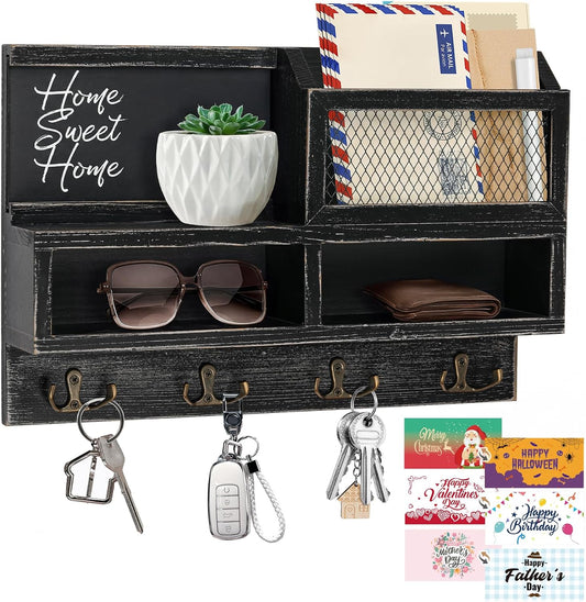 Key Holder Wall Mount, Wooden Mail and Key Organizer with Chalkboard and Mirror, 3 Greeting Cards, 8 Hooks, Brown