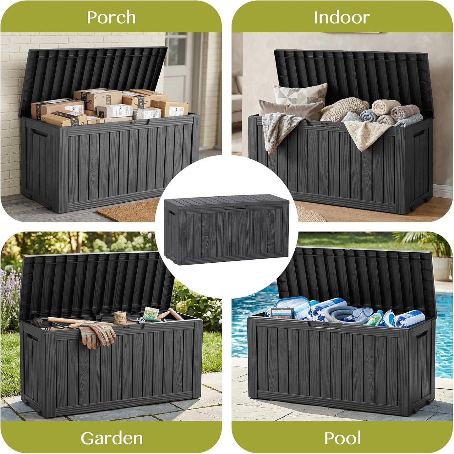 Waterproof Outdoor Storage Box Outside Deck Box Lockable Resin Bench UV Resistant Furniture Cushion Pool Tool Float Bin Patio Garden Porch (Black, 120 Gallon)