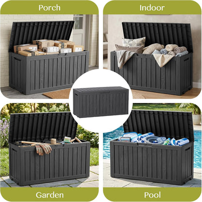 Waterproof Outdoor Storage Box Outside Deck Box Lockable Resin Bench UV Resistant Furniture Cushion Pool Tool Float Bin Patio Garden Porch (Black, 120 Gallon)