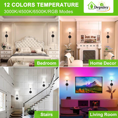 Depuley Battery Operated Wall Sconce: Set of 2 Wireless Wall Lights with 10000mAh Dimmable Bulbs and Remote for Bedroom - Rechargeable 15 Colors Gold Wall Lamp for Living Room Hallway