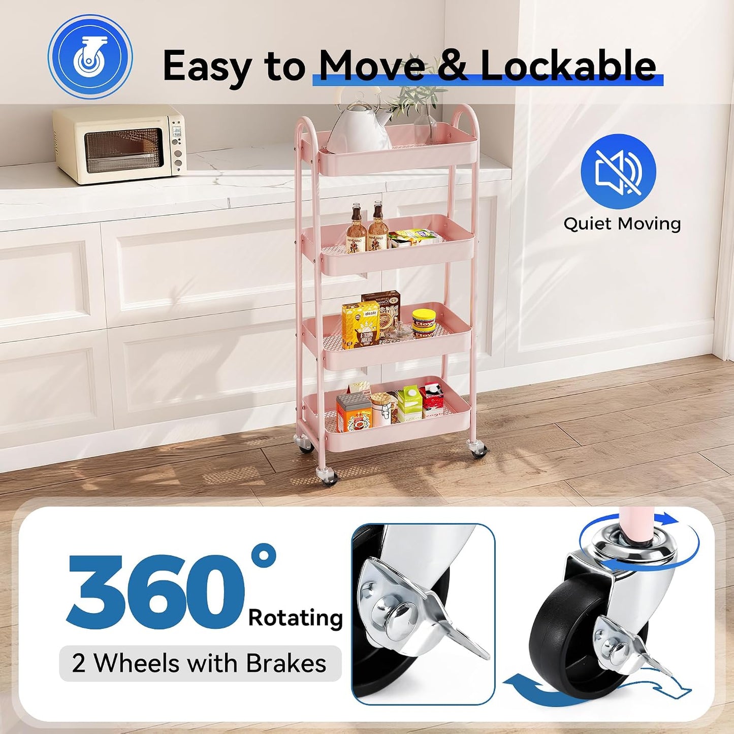 NEWBULIG 3-Tier Rolling Storage Cart, Metal Mobile Utility Organizer Shelf with Lockable Wheels, Space-Saving Freestanding Storage for Bathroom Living Room and Narrow Corner Spaces, Green