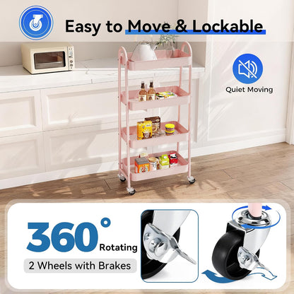 NEWBULIG 3-Tier Rolling Storage Cart, Metal Mobile Utility Organizer Shelf with Lockable Wheels, Space-Saving Freestanding Storage for Bathroom Living Room and Narrow Corner Spaces, Green