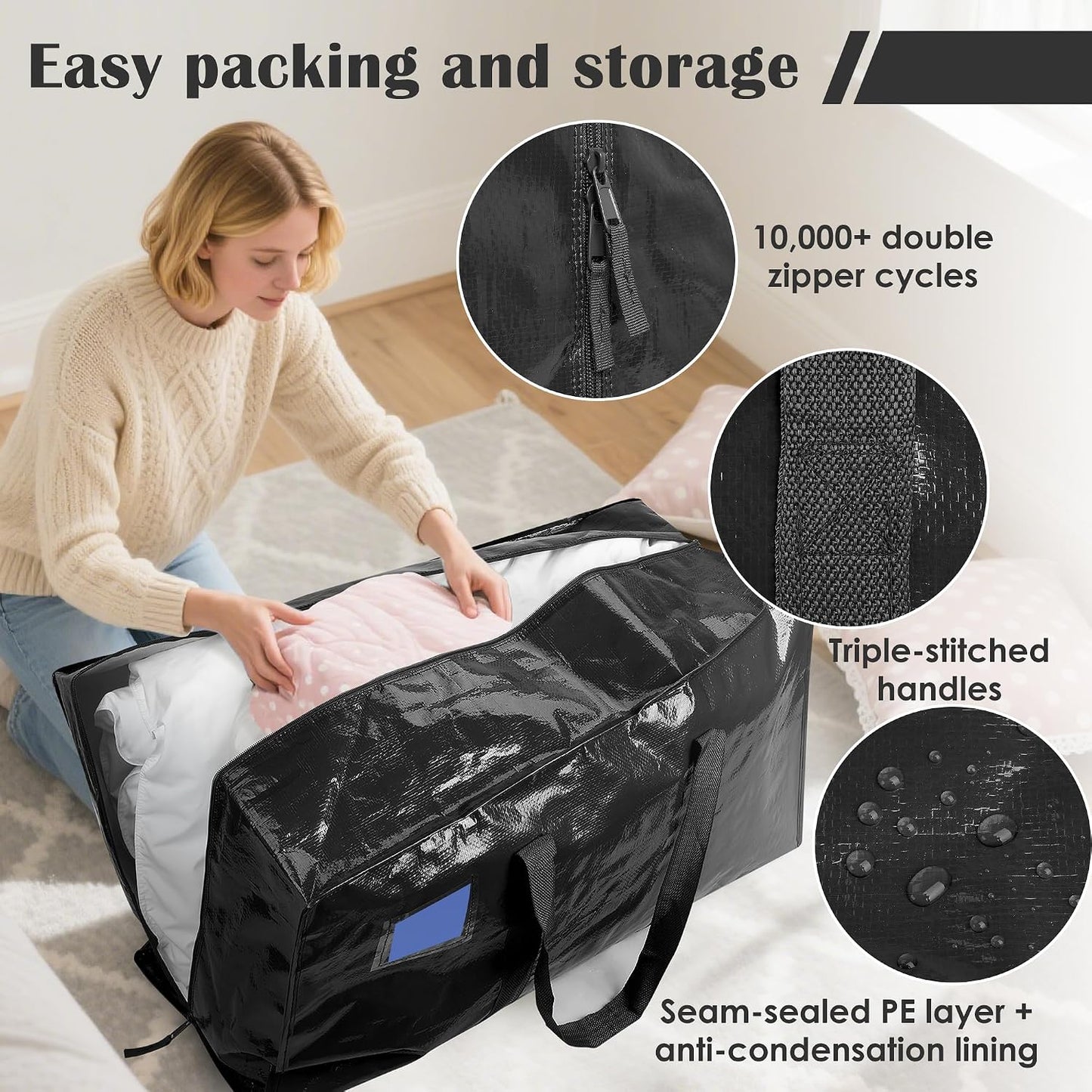 6 Pack Moving Bags Heavy Duty 210GSM with Full-Open Side Zipper, 93L 220lbs Waterproof Foldable Storage Totes for College Dorm Move-In, Moving Boxes Alternative & Home Organization, Blue