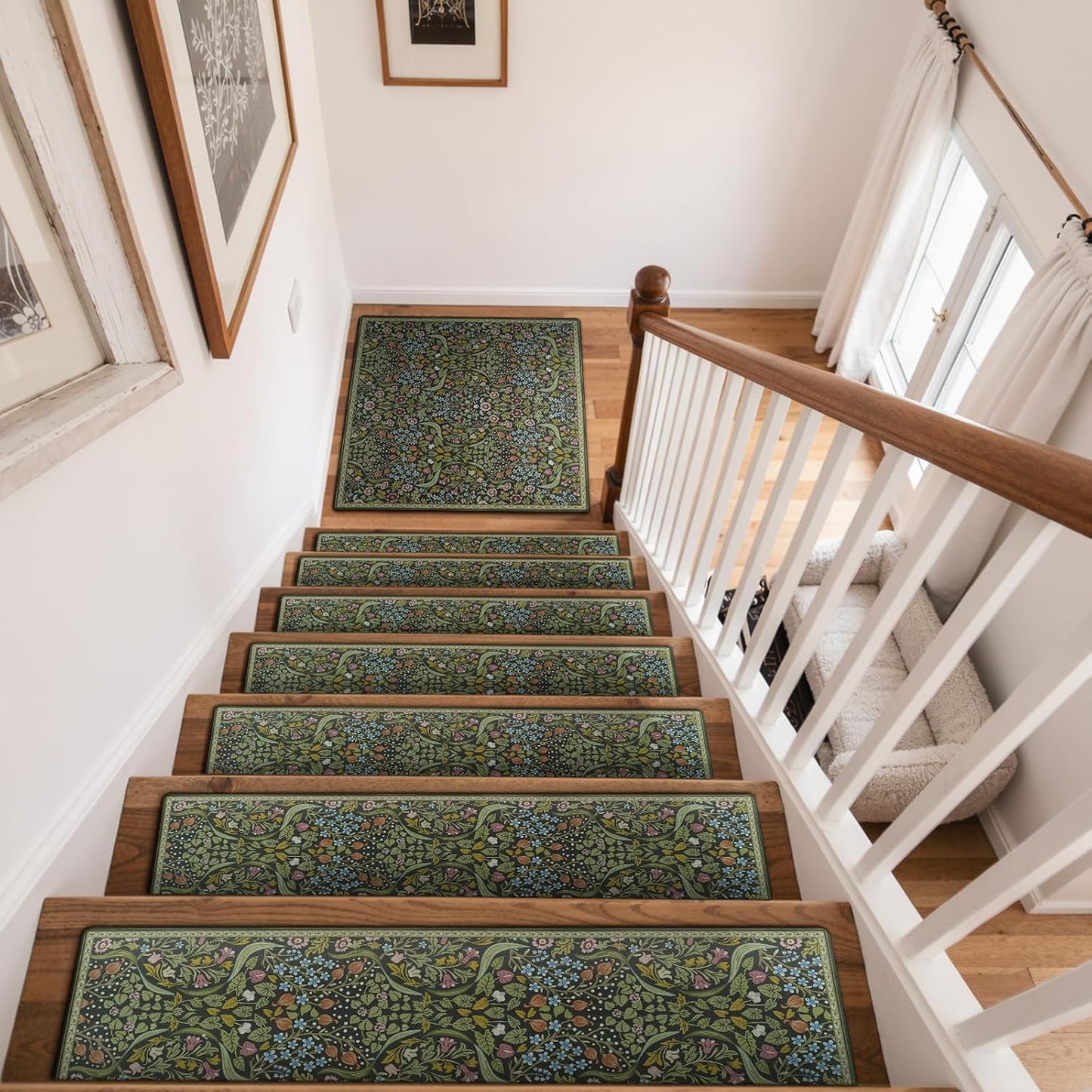 OJIA Floral Stair Treads Non-Slip Stair Runner for Wooden Steps Indoor 15PCS 30"x8" Carpet Stair Treads Stair Mats Staircase Step Treads for Kids, Elders and Dogs, Stair Covers, Black