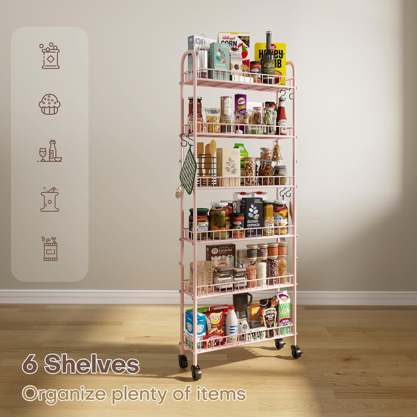 Slim Rolling Storage Cart with Wheels, Metal 6 Tier Spice Rack Mobile Shelving Unit Organizer Kitchen Utility Cart for Office Bathroom Kitchen Laundry Room Narrow Places (6inches)