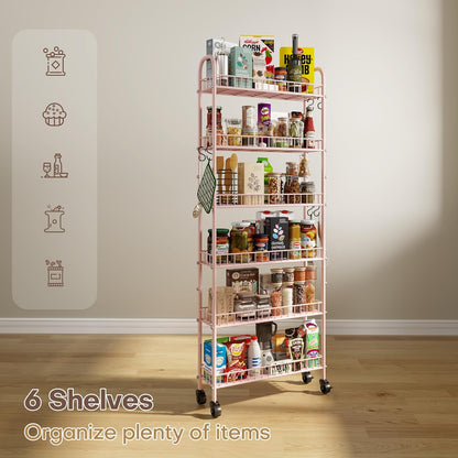 Slim Rolling Storage Cart with Wheels, Metal 6 Tier Spice Rack Mobile Shelving Unit Organizer Kitchen Utility Cart for Office Bathroom Kitchen Laundry Room Narrow Places (6inches)