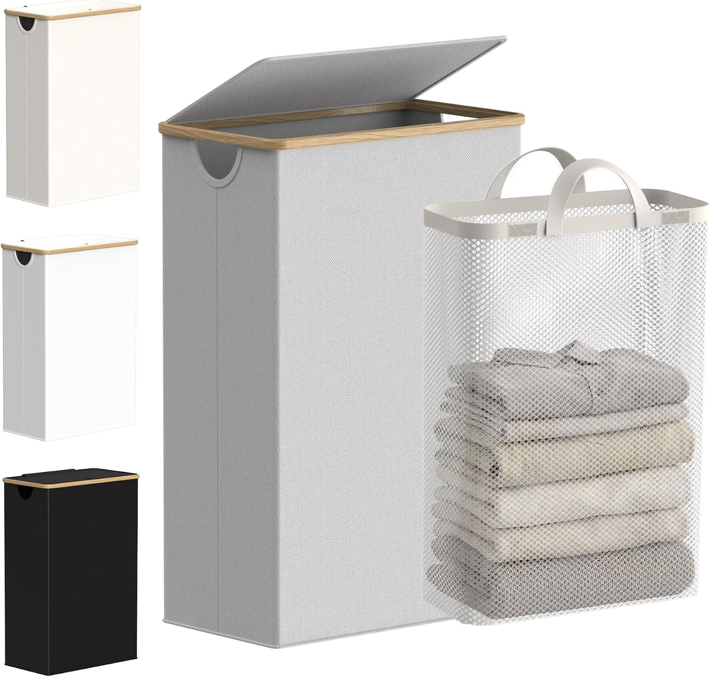 efluky Slim Laundry Basket with Lid, Narrow Laundry Hamper with Removable Bag, Skinny Dirty Clothes Basket with Bamboo Handles for Bathroom, Bedroom & Laundry Room, 75L Beige