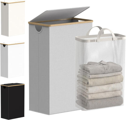 efluky Slim Laundry Basket with Lid, Narrow Laundry Hamper with Removable Bag, Skinny Dirty Clothes Basket with Bamboo Handles for Bathroom, Bedroom & Laundry Room, 75L Beige