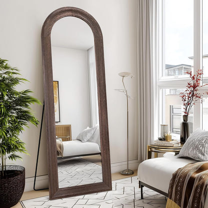 Solid Wood Full Length Mirror - 65"x22" Arched Floor Mirror, Free Standing & Wall Mounted - Elegant Design for Bedroom, Dressing Room, Hallway, Brown