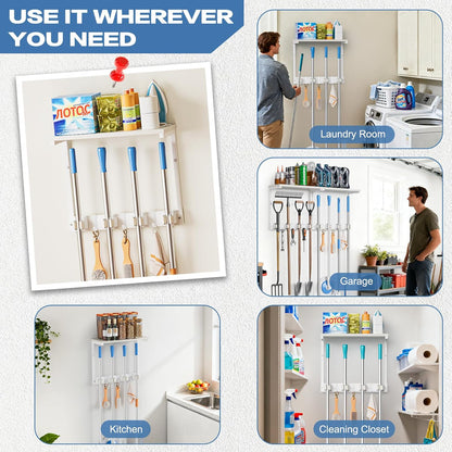 Broom Holder Wall Mount with Cleaning Supplies Organizer, Laundry Room Organization and Storage Shelf with Mop Hanger Rack Gripper Hooks, Utility Shelf Closet Organizer Floating Shelves for Garage