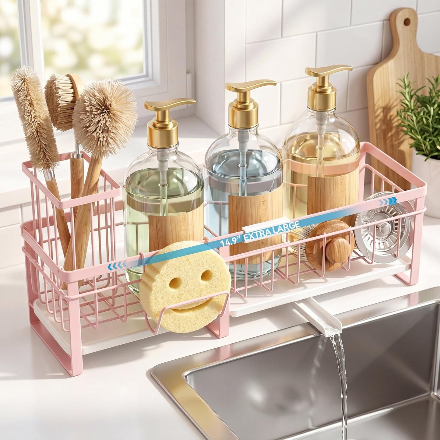 Aurblozen Extra Large Extendable Sponge Holder for Kitchen Sink, Rustproof Sink Caddy Organizer with High Brush Holder, Dish Soap Dispenser Organizers and Storage (Black)