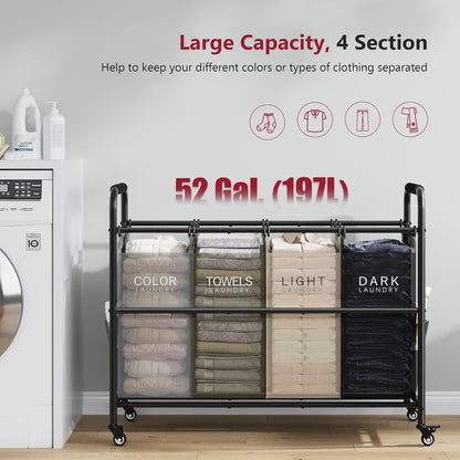 Tajsoon 4 Bag Laundry Sorter Cart, 4 Section Laundry Hamper Sorter with Heavy Duty Lockable Rolling Wheels, Laundry Separator Hamper with Removable Bags for Dirty Clothes Storage, Black