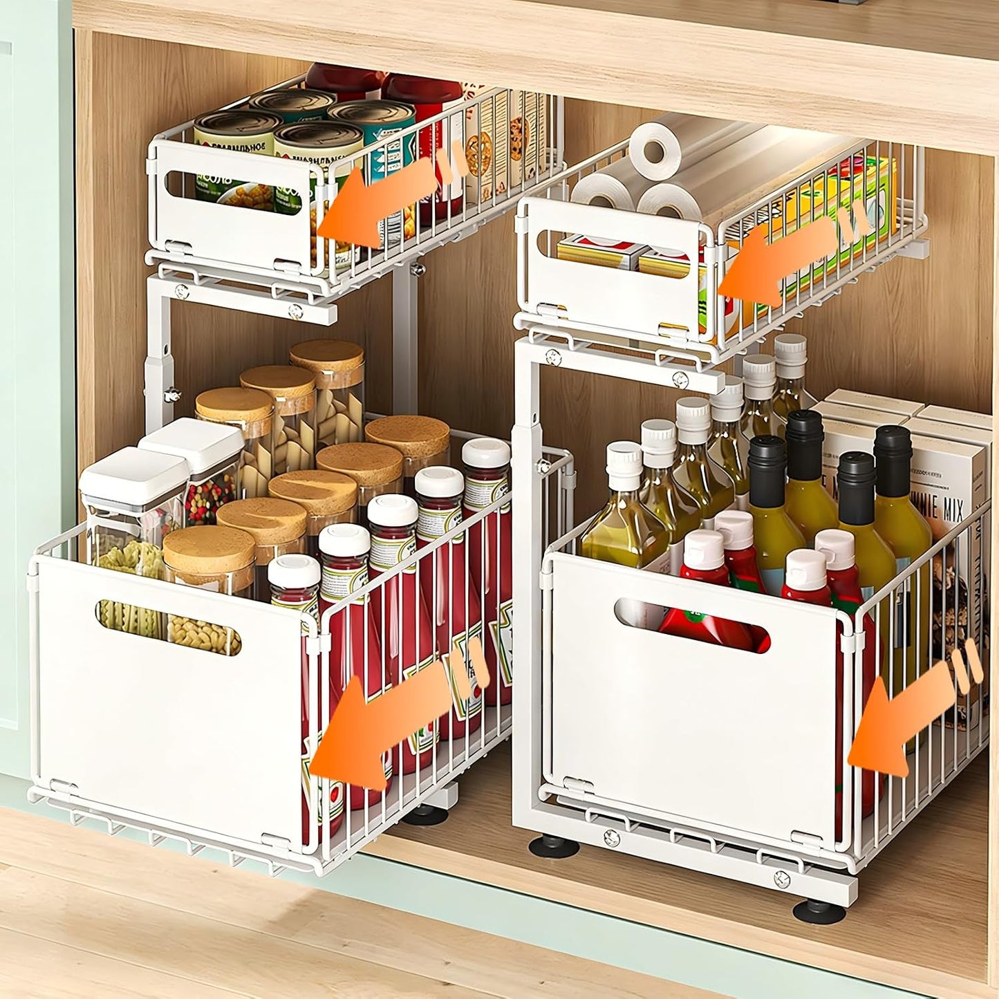 Under Sink Organizer, 2-Tier Multi-Use Kitchen and Bathroom Organizers and Storage, Slide Out Thickened Metal Under The Sink Organizer for Kitchen Bathroom Pantry (Style A White, 1 Pack)